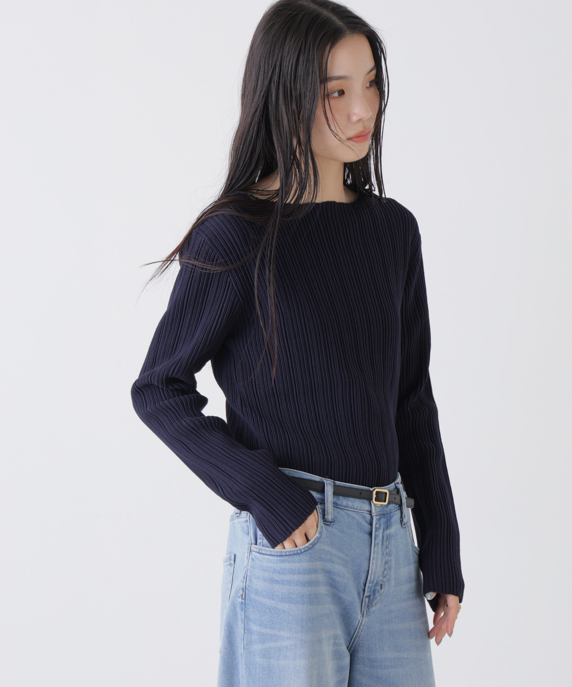 nano･universe「プリーツニットボートネックトップス(セットアップ可)」|ニット・セーター|