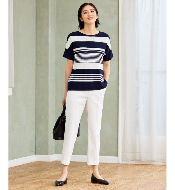 自由区「【UVカット・洗える】クレープストレッチボーダー ニット」|ニット・セーター|