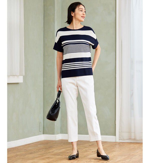 自由区「【UVカット・洗える】クレープストレッチボーダー ニット」|ニット・セーター|