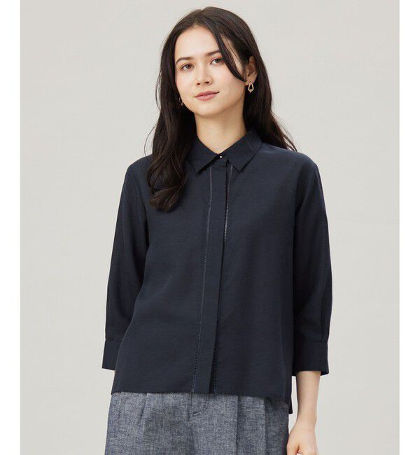 自由区「【接触冷感・吸水速乾・洗える】ナチュラルリネンクロップド丈 シャツ」|シャツ・ブラウス|ネイビー