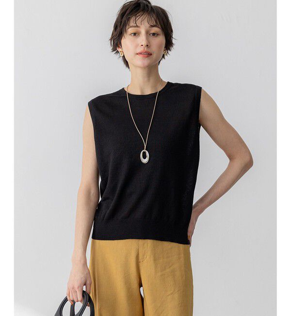 23区「【洗える】ピュアリネンハイゲージ ノースリーブ ニット」|ニット・セーター|ブラック系