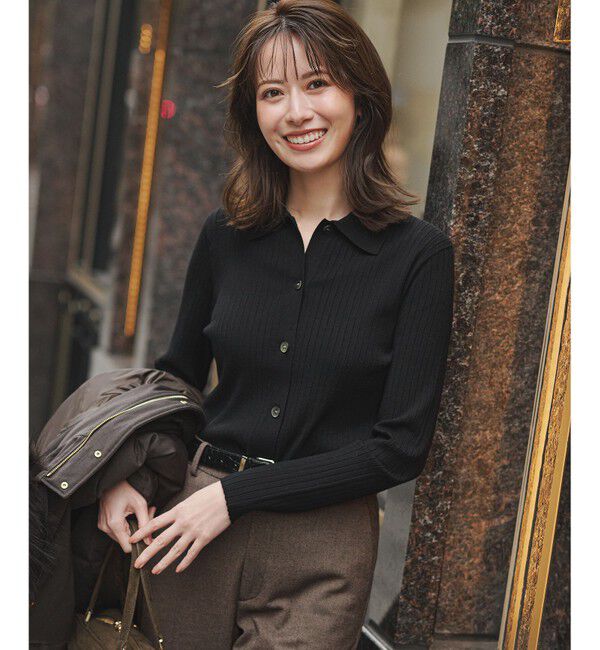 23区「ワイドリブ ポロニット」|ニット・セーター|ブラック系