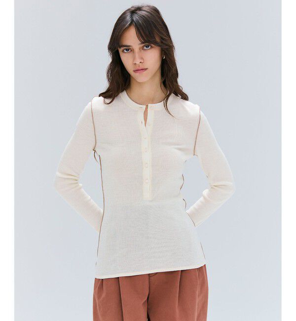 BEIGE,「【洗える・GISELe 10月号掲載】FORD / ウール配色メローヘンリーネックカットソー」|Tシャツ・カットソー|Ecru