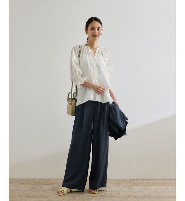 ROPE「【洗える・カセット服・新色追加】バックサテンイージーワイドパンツ/お仕事・通勤・セットアップ対応」|チノ|