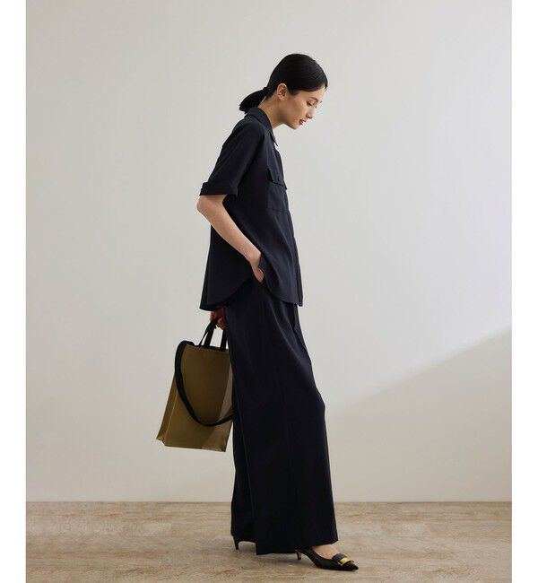 ROPE「【洗える・カセット服・新色追加】バックサテンイージーワイドパンツ/お仕事・通勤・セットアップ対応」|チノ|