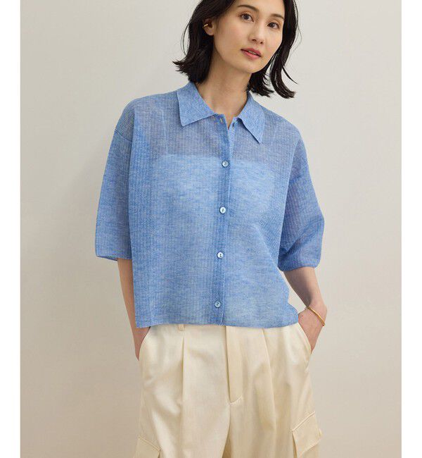 ROPE「【洗える】シアークロップドポロニット」|カーディガン|ブルー(44)