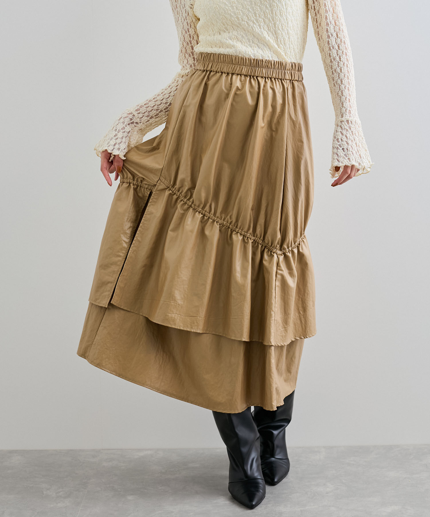 VIS「チンツ加工ギャザーロングスカート」|スカート|