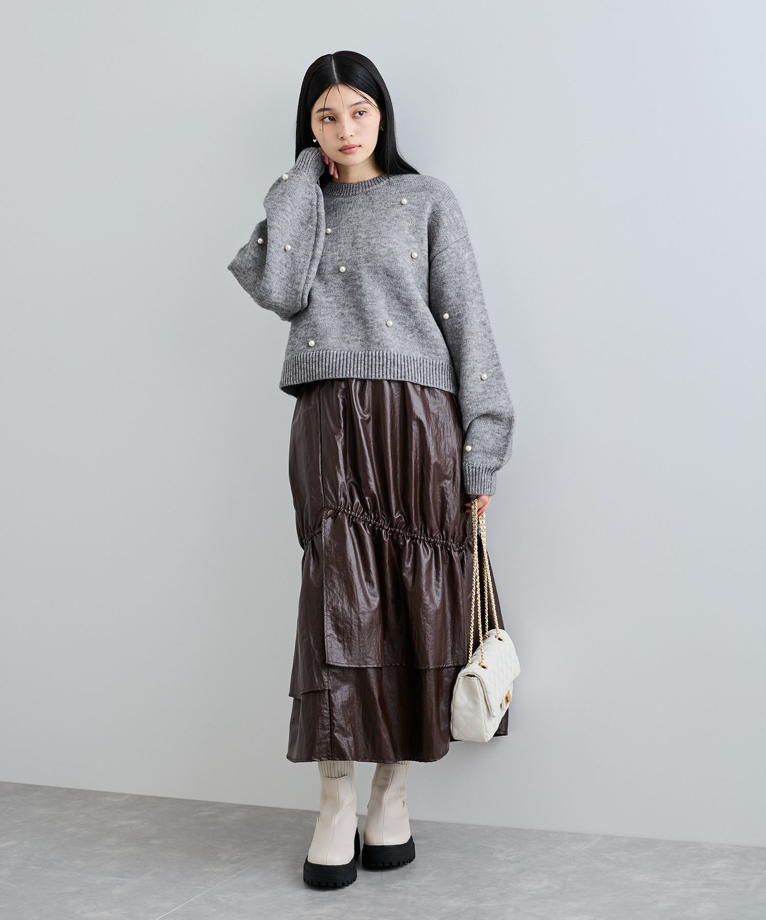 VIS「チンツ加工ギャザーロングスカート」|スカート|