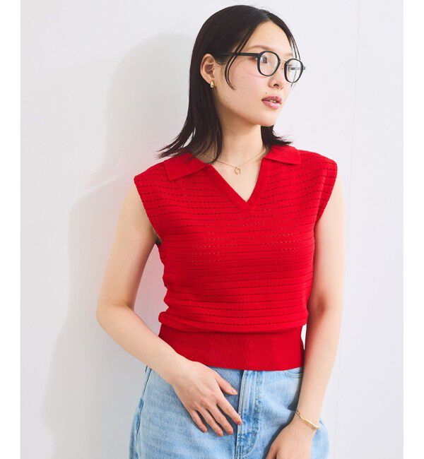 VIS「スキッパーフレンチスリーブアイレットニット」|ニット・セーター|レッド(60)
