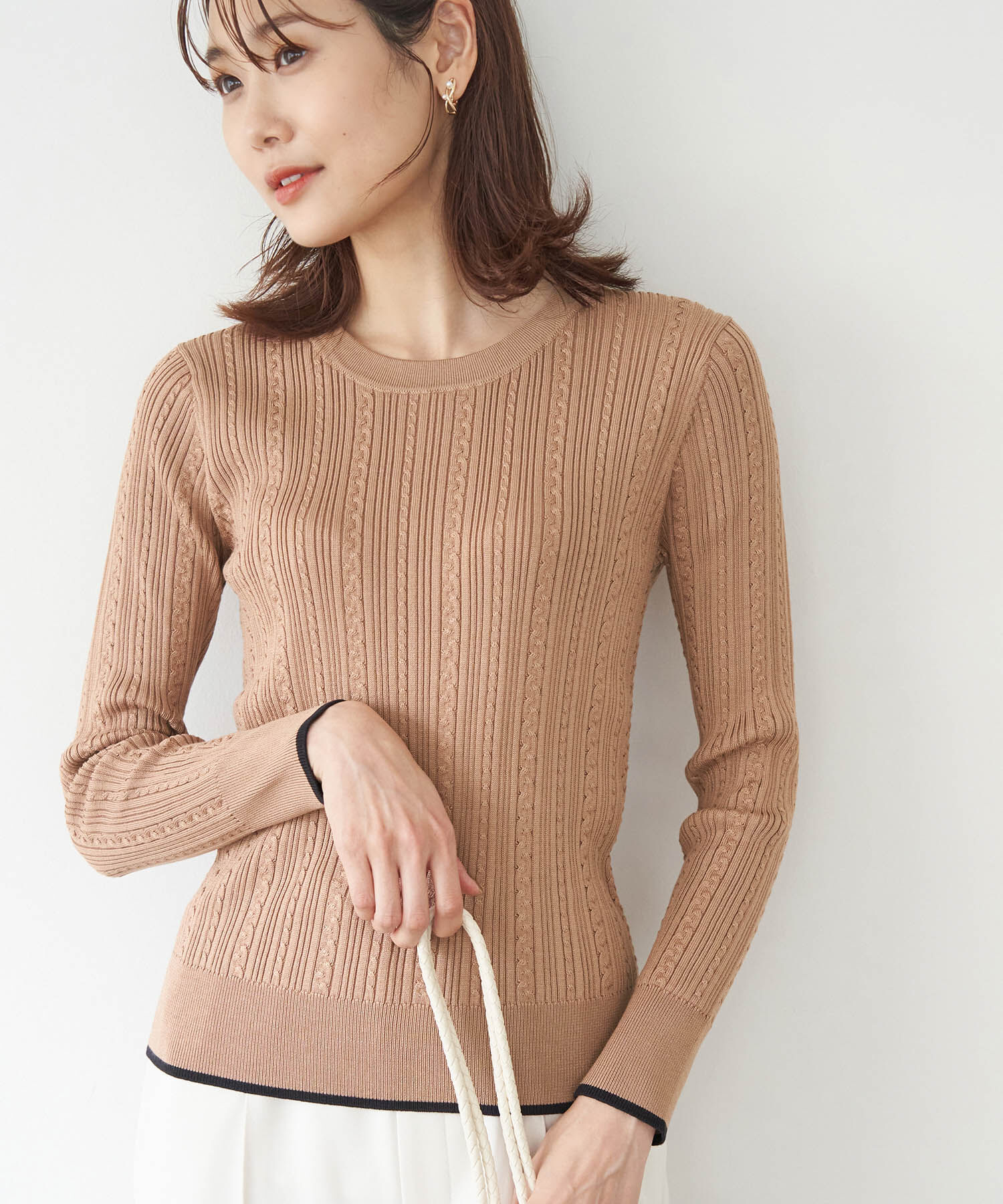 Rope&rsquo;Picnic「洗濯機OK/BIO GRACEミニケーブルニットプルオーバー」|ニット・セーター|キャメル(25)