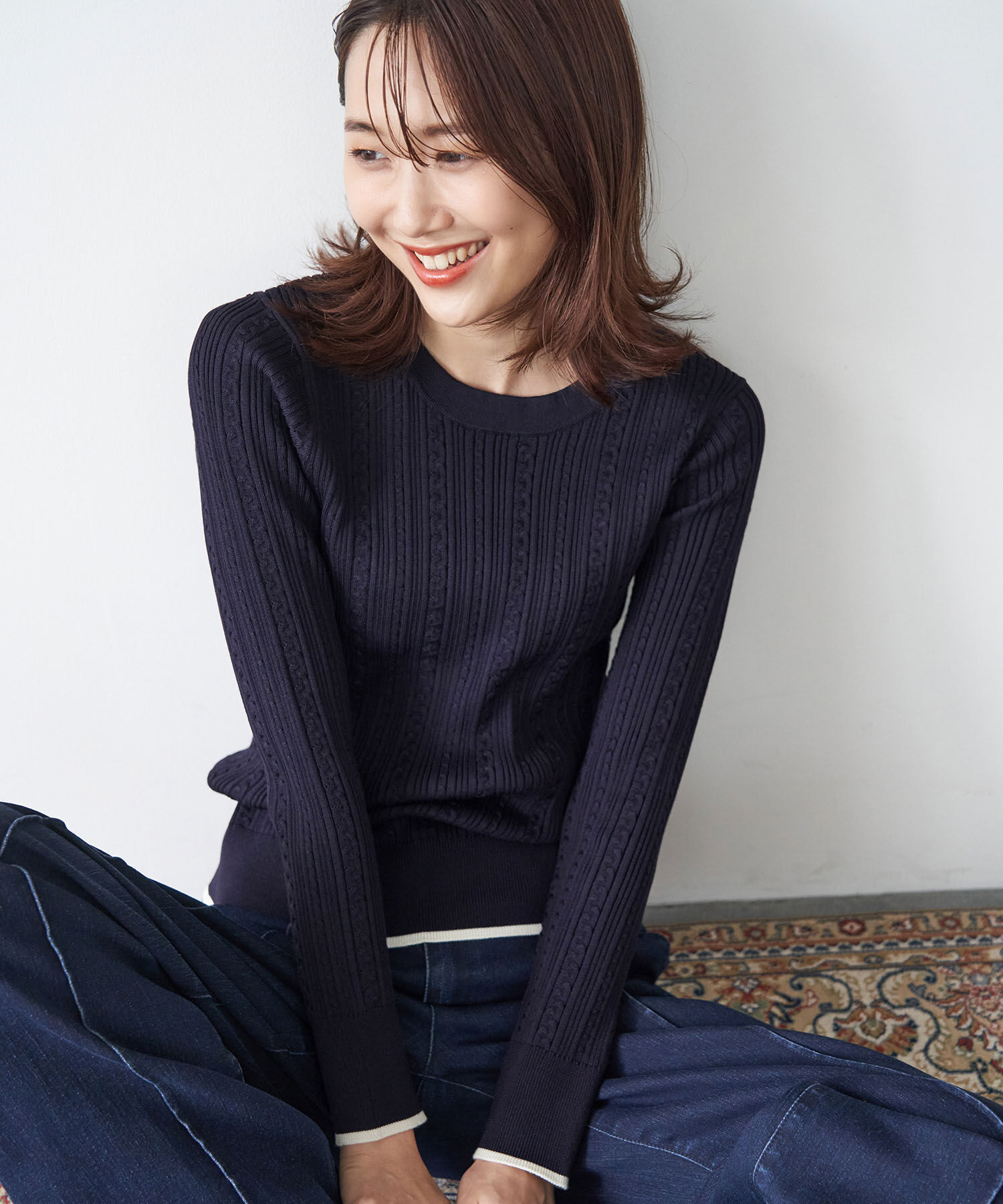 Rope&rsquo;Picnic「洗濯機OK/BIO GRACEミニケーブルニットプルオーバー」|ニット・セーター|ネイビー(40)