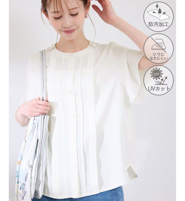 Rope&rsquo;Picnic「多機能ランダムタックハーフスリーブブラウス / 通勤にも」|シャツ・ブラウス|オフホワイト(15)