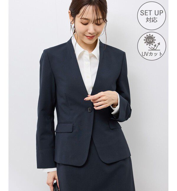 Rope&rsquo;Picnic「【UV対応】【リネンライク・シリーズ】ノーラペルジャケット/通勤・セットアップ対応」|ノーカラージャケット|ネイビー(40)