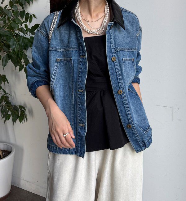  「【襟の取り外しが可能！】レザーカラーデニムジャケット」|ブルゾン・スタジャン|