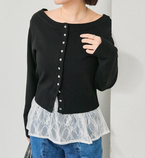  「ワイドネッククリアボタンカーディガン」|カーディガン|ブラック