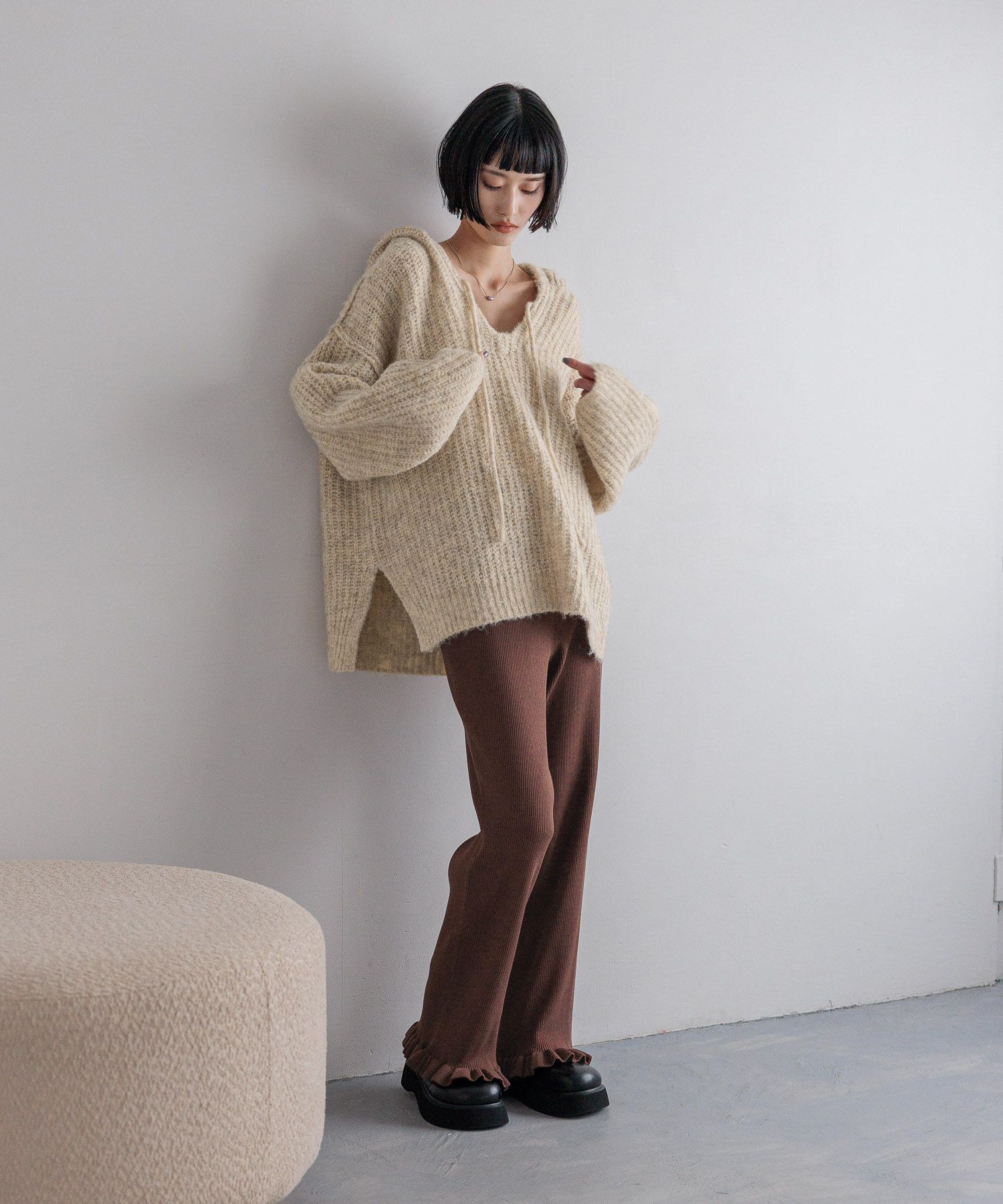 LOWRYS FARM「メランジフードニットプルオーバー」|ニット・セーター|