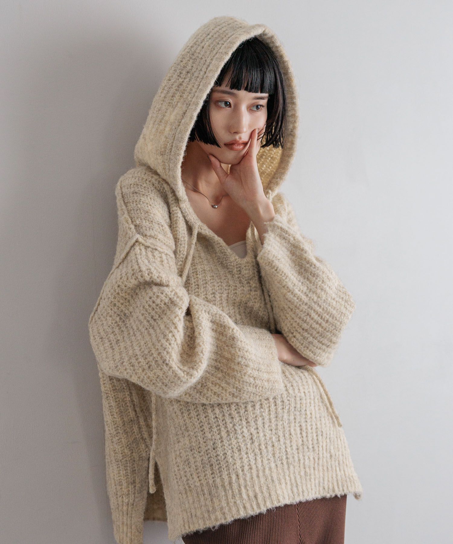 LOWRYS FARM「メランジフードニットプルオーバー」|ニット・セーター|