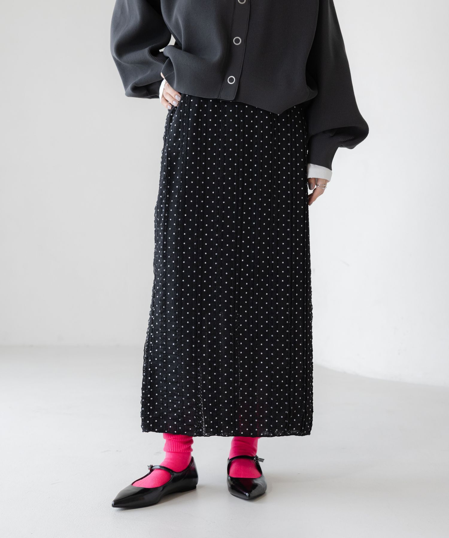 LOWRYS FARM「チビフリルカットタイトスカート」|スカート|BLKﾄﾞｯﾄ