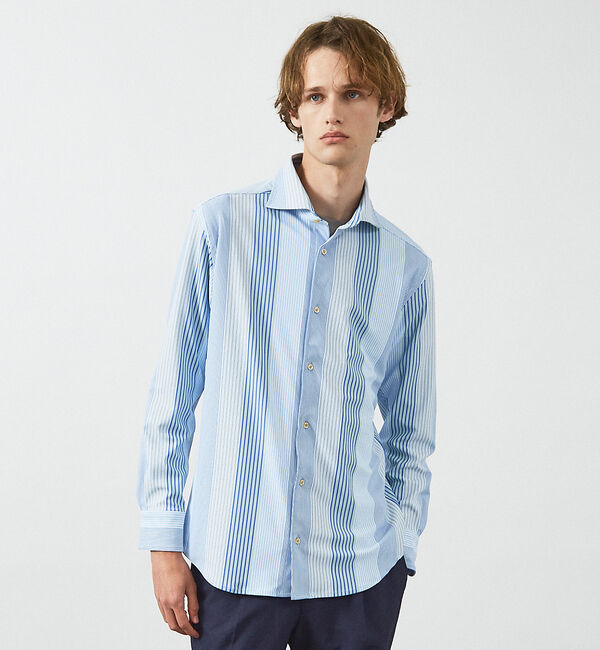 ABAHOUSE「【FLEX SHIRTS】360&deg;ストレッチ パッチワークストライプシャツ /」|シャツ・ブラウス|ブルー