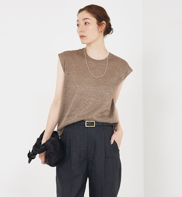 qualite「【大人の上品なシアー】ラメクルーネックニット」|キャミソール|ブラウン