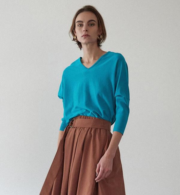 Liesse「綿シルクVネックビッグドルマンニット」|ニット・セーター|ターコイズ