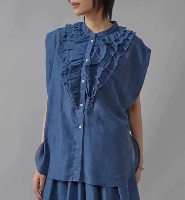 Liesse「テンセルシアーデニムフリルブラウス」|シャツ・ブラウス|ネイビー