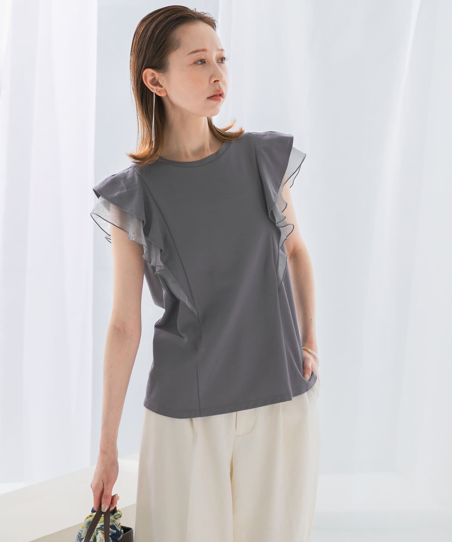 URBAN RESEARCH ROSSO「シアードッキングフリルスリーブTシャツ」|Tシャツ・カットソー|