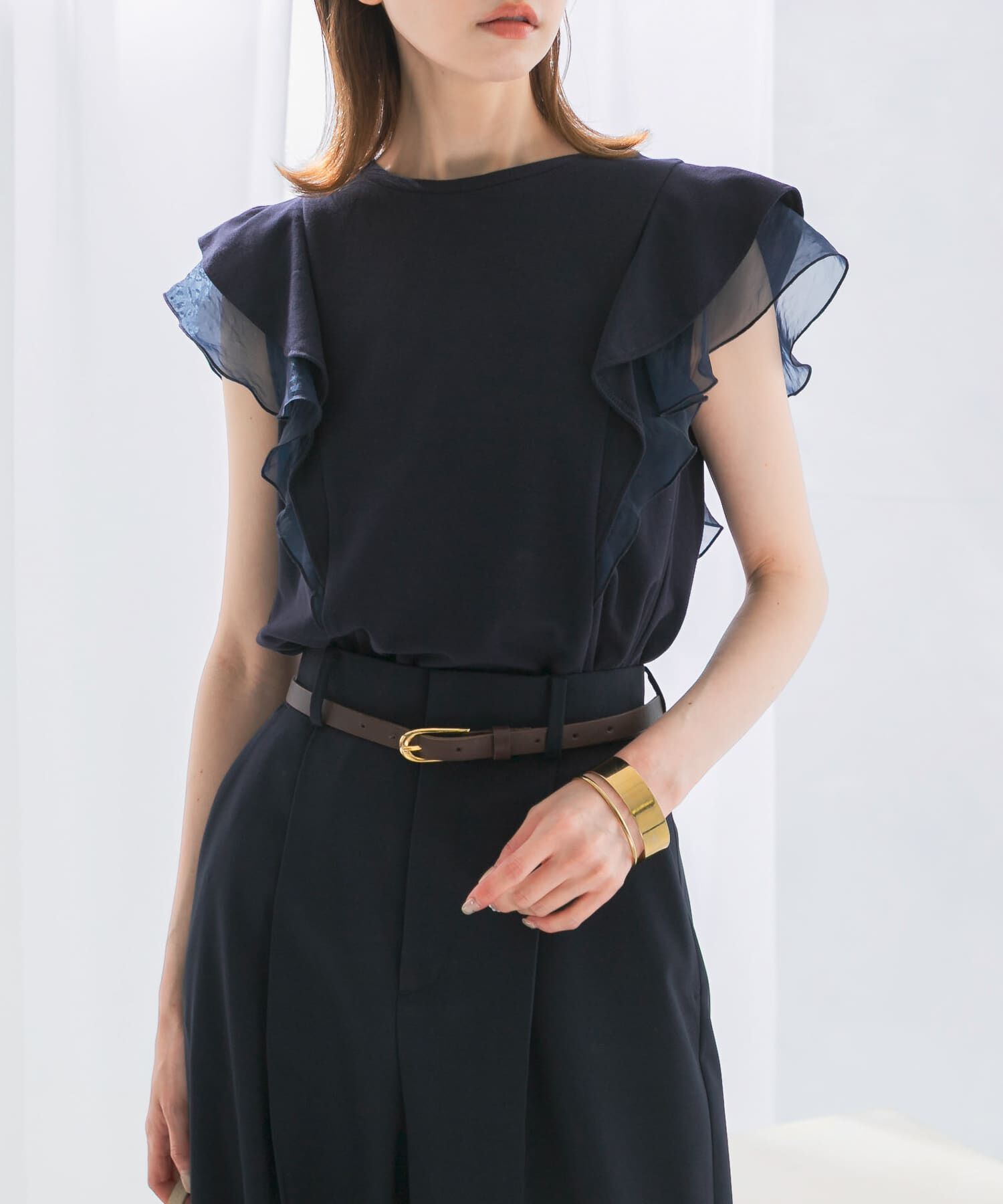 URBAN RESEARCH ROSSO「シアードッキングフリルスリーブTシャツ」|Tシャツ・カットソー|