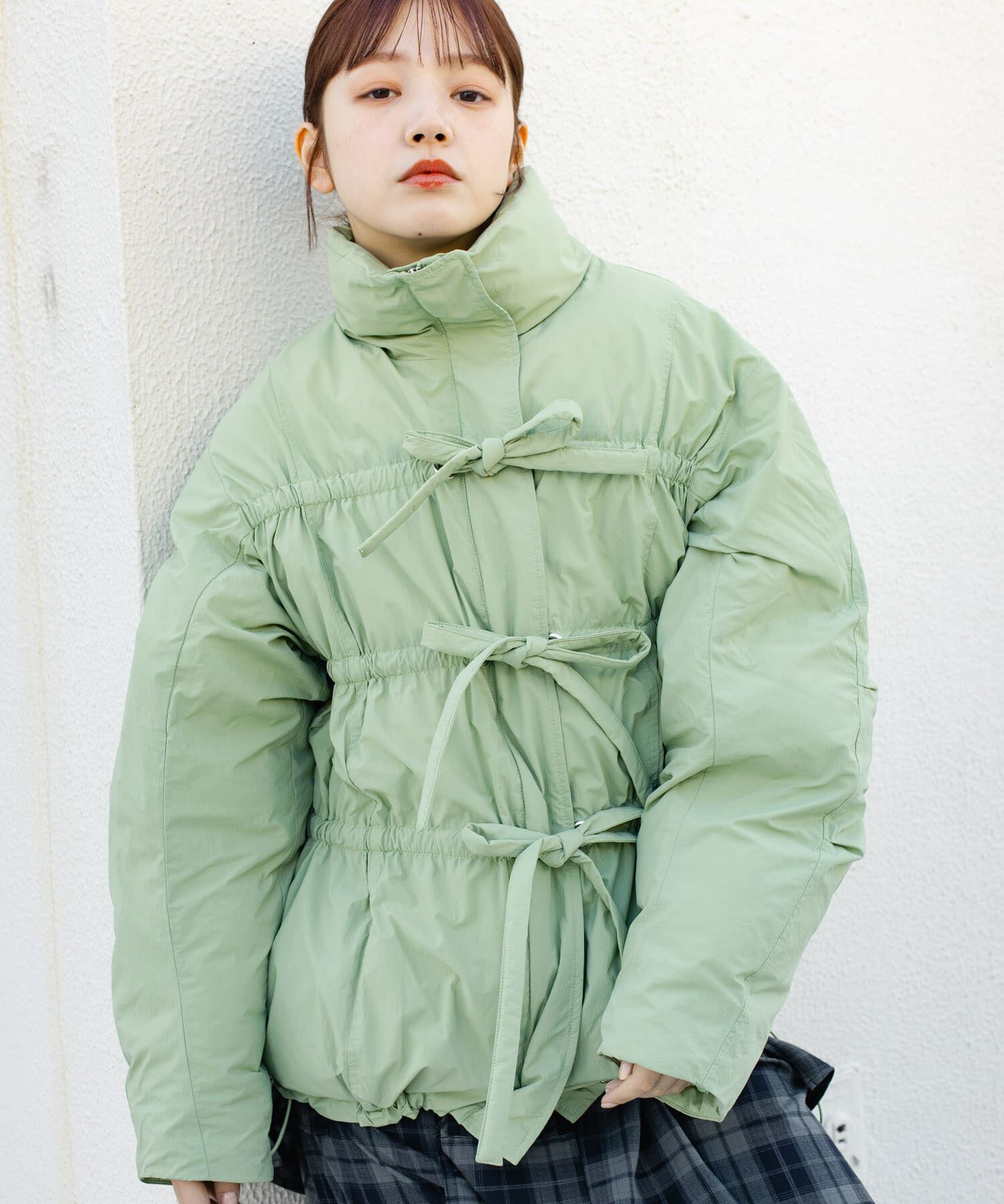  「フロントリボン中綿ジャケット」|ダウン|カーキ