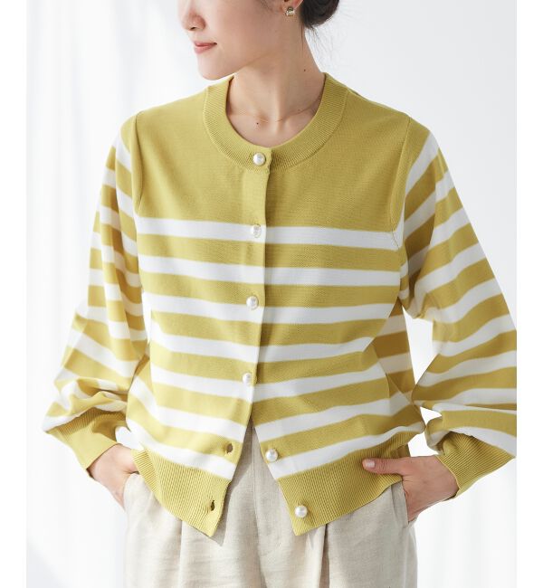 le.coeur blanc「《手洗い可能》パールボタンボリュームスリーブカーディガン」|カーディガン|イエロー柄