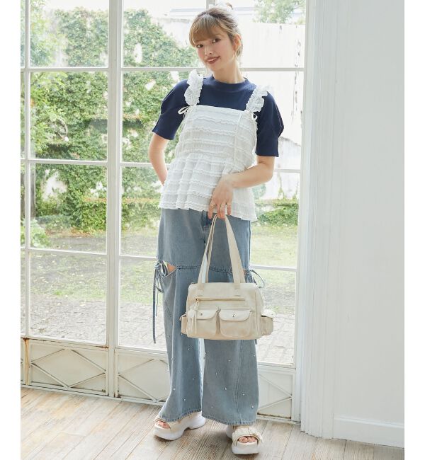 MAJESTICLEGON「サイドスリットビジューデニムパンツ」|デニム|