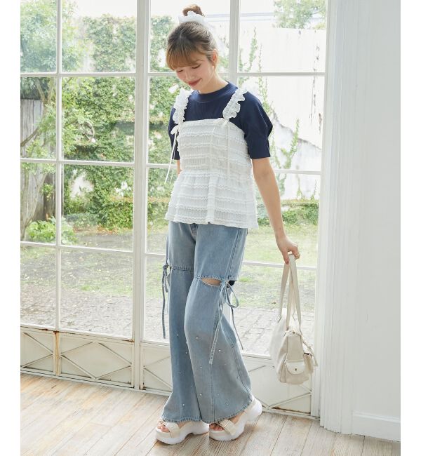 MAJESTICLEGON「サイドスリットビジューデニムパンツ」|デニム|