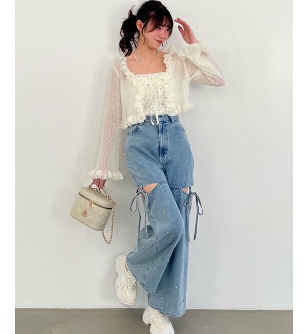 MAJESTICLEGON「サイドスリットビジューデニムパンツ」|デニム|