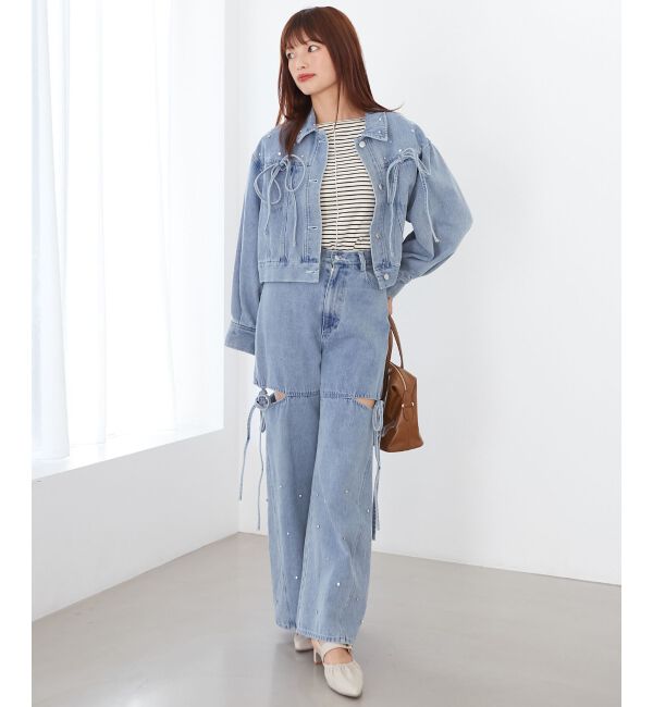 MAJESTICLEGON「サイドスリットビジューデニムパンツ」|デニム|