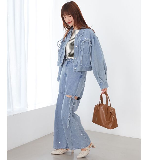 MAJESTICLEGON「サイドスリットビジューデニムパンツ」|デニム|