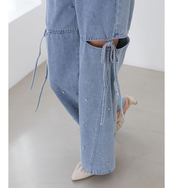 MAJESTICLEGON「サイドスリットビジューデニムパンツ」|デニム|