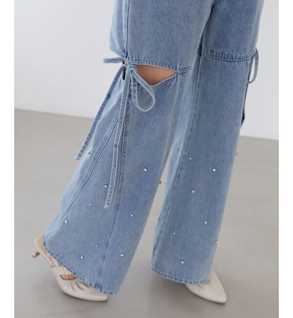 MAJESTICLEGON「サイドスリットビジューデニムパンツ」|デニム|