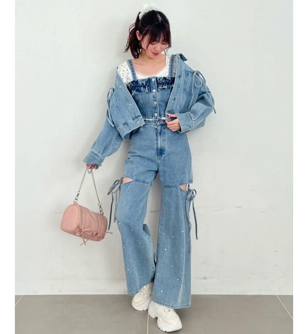 MAJESTICLEGON「サイドスリットビジューデニムパンツ」|デニム|