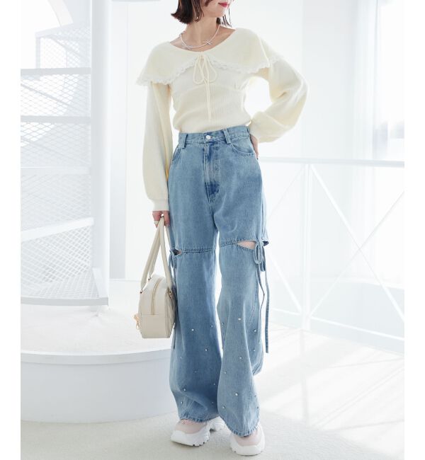 MAJESTICLEGON「サイドスリットビジューデニムパンツ」|デニム|