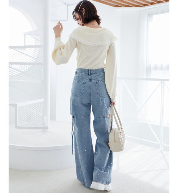 MAJESTICLEGON「サイドスリットビジューデニムパンツ」|デニム|