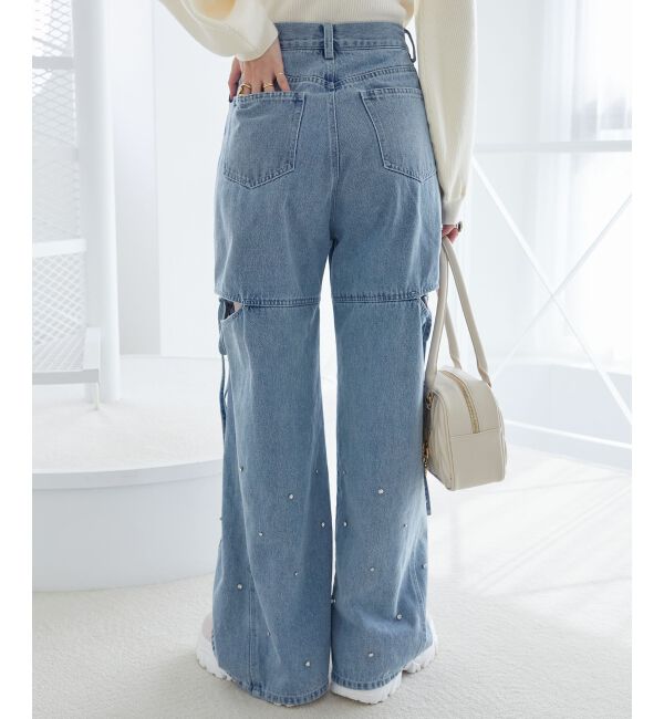 MAJESTICLEGON「サイドスリットビジューデニムパンツ」|デニム|