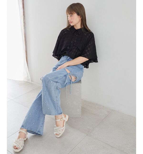 MAJESTICLEGON「サイドスリットビジューデニムパンツ」|デニム|