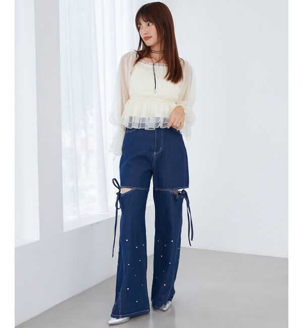 MAJESTICLEGON「サイドスリットビジューデニムパンツ」|デニム|