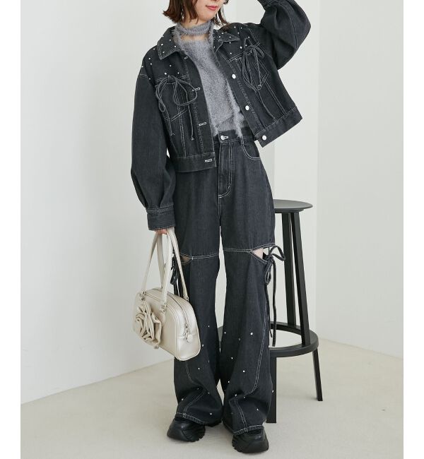 MAJESTICLEGON「サイドスリットビジューデニムパンツ」|デニム|