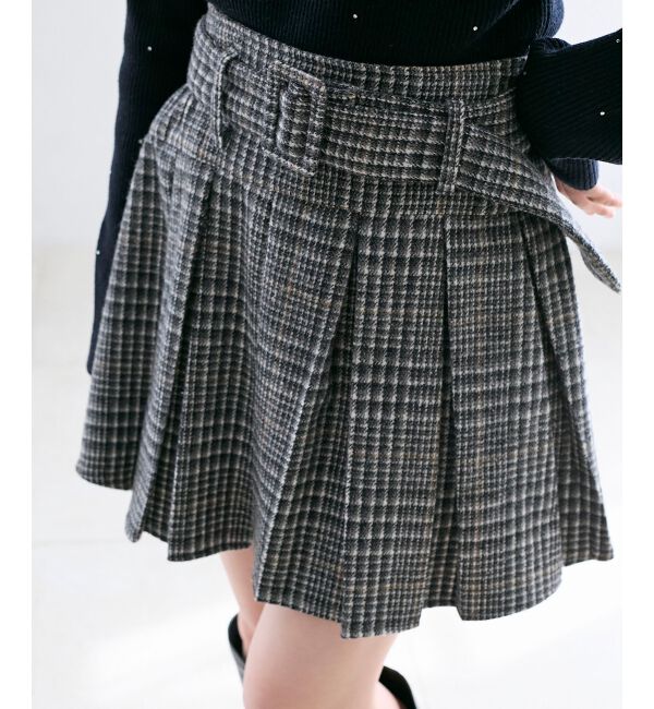  「ベルト付きプリーツミニスカパン」|スカート|グレー柄