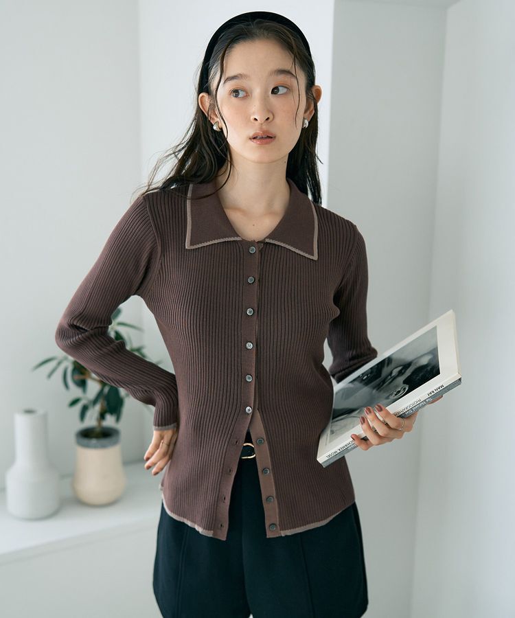 earth music&ecology「【WEB限定】バイカラートリムロングニットカーディガン」|カーディガン|