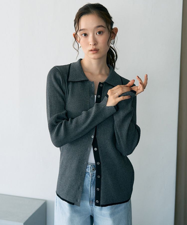 earth music&ecology「【WEB限定】バイカラートリムロングニットカーディガン」|カーディガン|