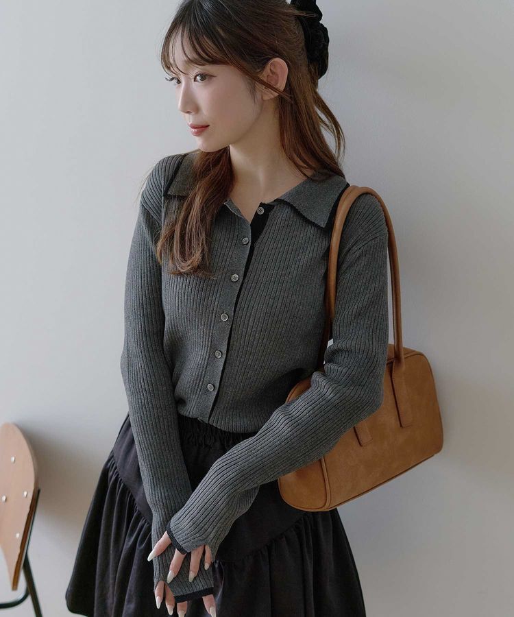 earth music&ecology「【WEB限定】バイカラートリムロングニットカーディガン」|カーディガン|Charcoal Gray