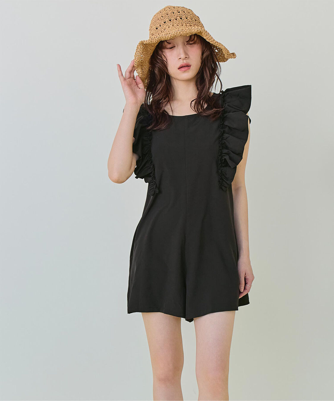 SEA DRESS「ショルダーフリルオールインワン/ワンピース水着」|コンビネゾン|ブラック