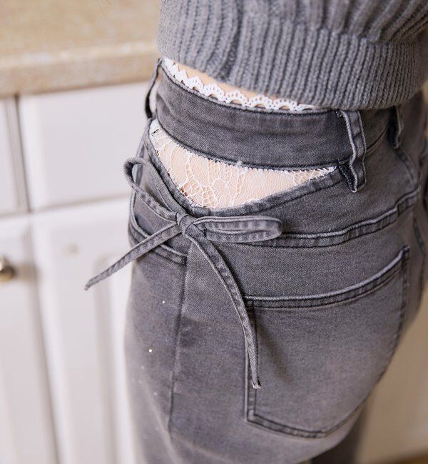  「【選べる4サイズ】サイドカットレース美脚ビジューデニム」|その他|